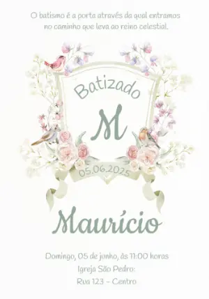 Convite de Batizado Floral com Passarinhos para Editar Online