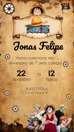 Convite de Aniversário One Piece Pirata Editável