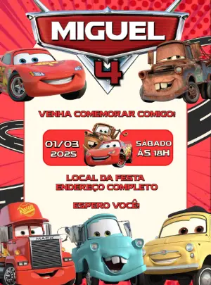 Convite de Aniversário Carros com Personagens para Editar
