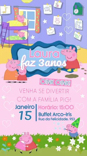 Convite de Aniversário Peppa Pig Infantil para Editar
