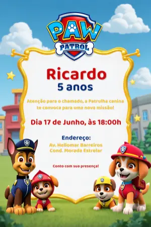 Convite Aniversário Patrulha Canina para Editar Online