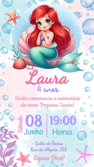 Convite de Aniversário Sereia Ariel Fofo para Editar