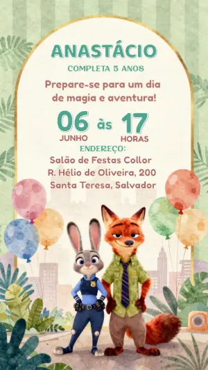 Convite de Aniversário Zootopia Digital para Editar