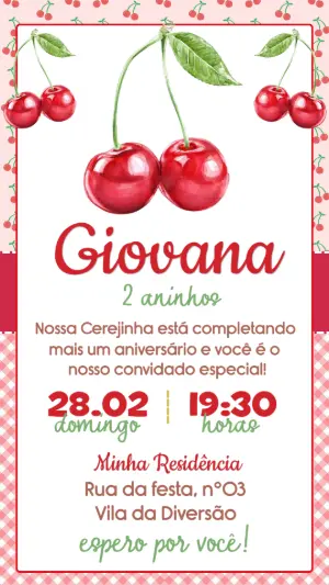 Convite de Aniversário Infantil Tema Cerejinha Editável