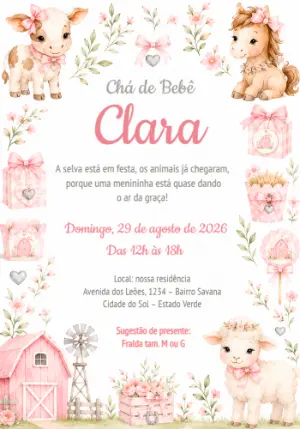 Convite Chá de Bebê Fazendinha Rosa com Animais Editável