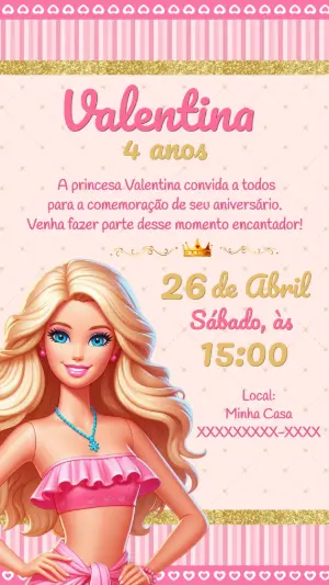 Convite de Aniversário Barbie Rosa e Dourado para Editar Online