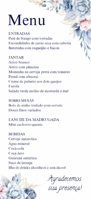 Menu Casamento Floral Azul Serenity para Editar Online