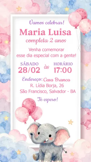 Convite de Aniversário Elefantinho Aquarela Rosa e Azul Editável