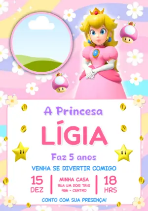Convite Editável Aniversário Infantil Princesa Peach Rosa