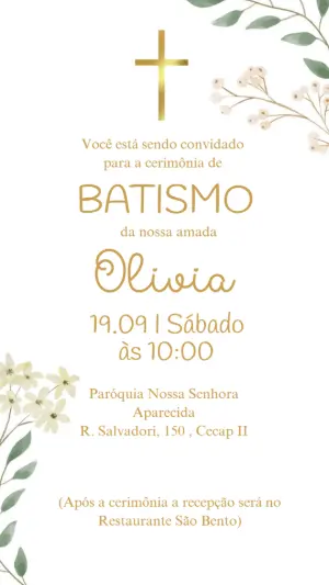 Convite de Batismo Elegante Floral Dourado Editável
