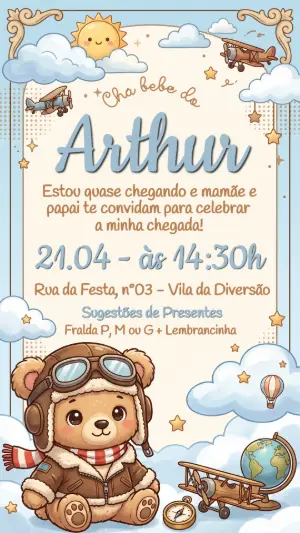 Convite Chá de Bebê Ursinho Aviador Menino para Editar