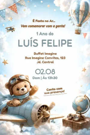 Convite de Aniversário Ursinho Aviador Editável