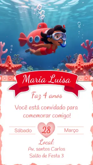 Convite de Aniversário Fundo do Mar com Submarino Editável