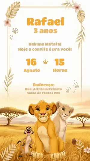 Convite de Aniversário Rei Leão com Personagens para Editar