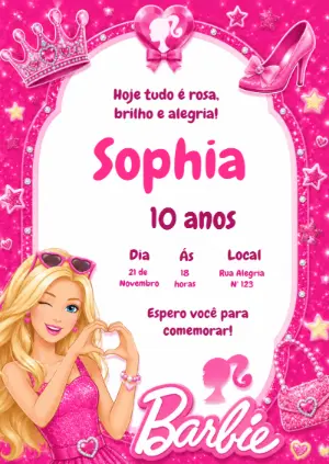 Convite de Aniversário Barbie Rosa para Editar Online