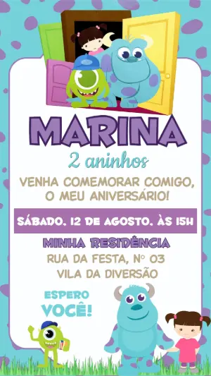 Convite de Aniversário Monstros SA Menina Modelo Editável
