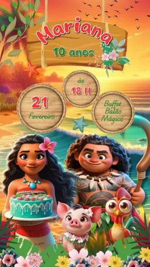 Convite de Aniversário Moana Digital para Editar