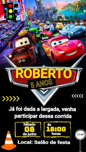 Convite de Aniversário Carros com Relâmpago McQueen Editável
