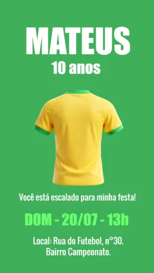 Convite de Aniversário Futebol Brasil Camisa Editável