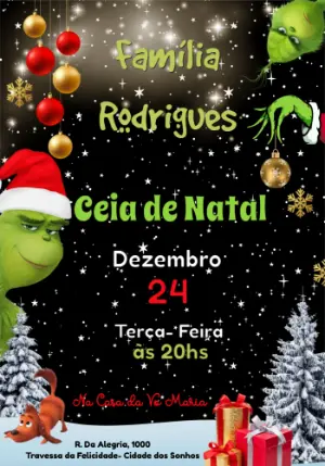 Convite Digital Ceia de Natal com o Grinch Modelo Editável
