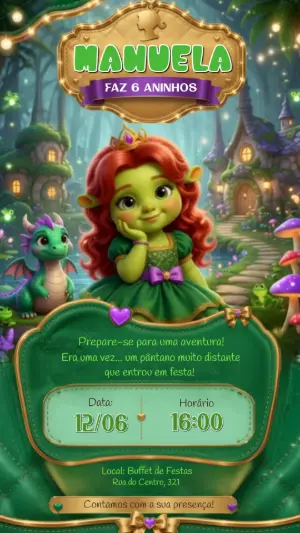 Convite Animado de Aniversário Shrek Fiona para Editar