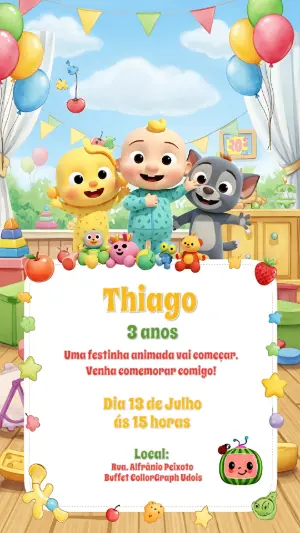 Convite de Aniversário Cocomelon com Personagens para Editar