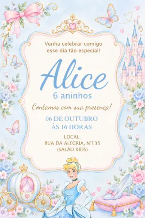 Convite de Aniversário Cinderela Princesa para Editar