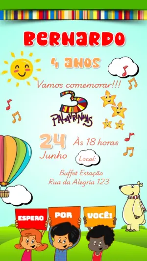 Convite Aniversário 3 Palavrinhas com Personagens para Editar