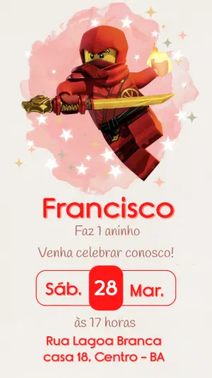 Convite de Aniversário LEGO Ninjago Vermelho para Editar