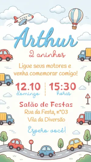 Convite de Aniversário Meios de Transporte Infantil Editável