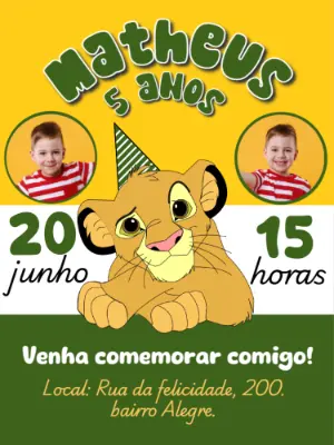 Convite Aniversário Rei Leão com Foto para Editar Online
