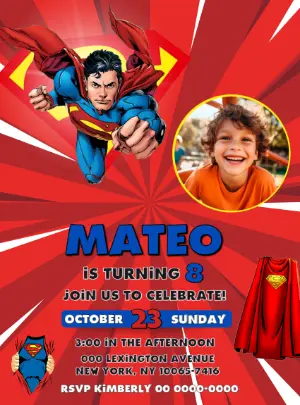 Superman Birthday Invitation Editable Digital Template