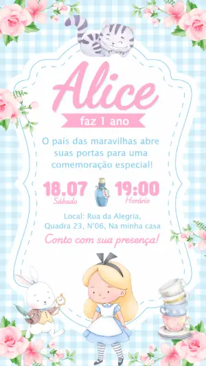 Convite de Aniversário Alice no País das Maravilhas Editável