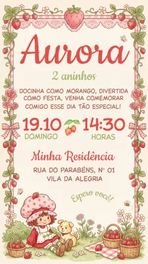 Convite de Aniversário Moranguinho Retrô Editável