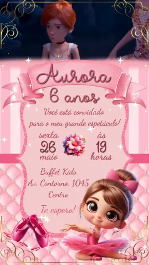 Convite Animado Aniversário Bailarina para Editar Online
