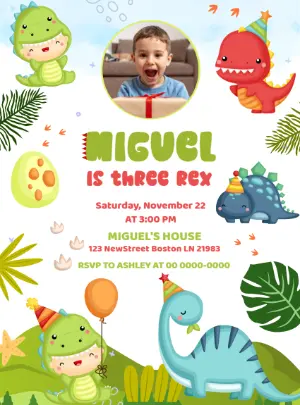 Editable Dinosaur 'Three Rex' Birthday Invitation with Photo