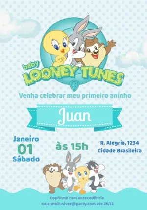 Convite de Aniversário Baby Looney Tunes Azul para Editar