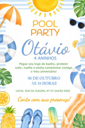 Convite Digital Aniversário Festa na Piscina Menino para Editar