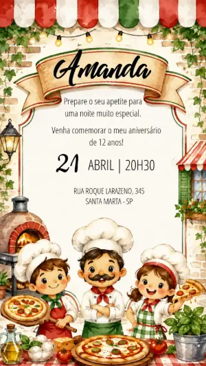 Convite de Aniversário Festa Pizza Editável Tema Pizzaria