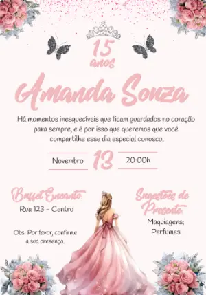 Convite 15 Anos Rosa Princesa Editável Online