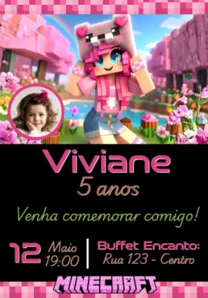 Convite de Aniversário Minecraft Menina Rosa com Foto Editável