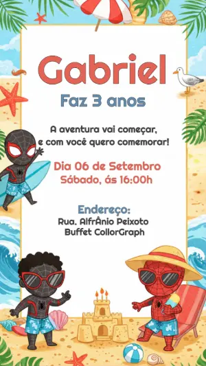 Convite Aniversário Homem Aranha Praia para Editar Online