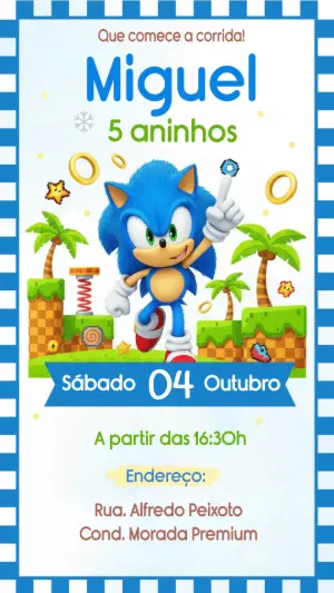 Convite de Aniversário Sonic Games Editável para Festa Infantil