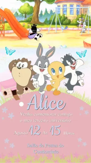 Convite Animado Aniversário Baby Looney Tunes para Editar Online