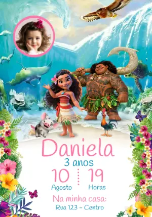 Convite Aniversário Moana com Foto para Editar Online