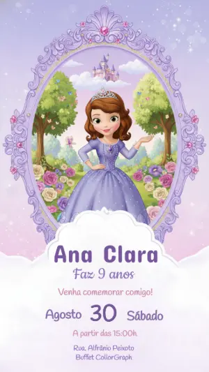 Convite de Aniversário Princesa Sofia Lilás para Editar