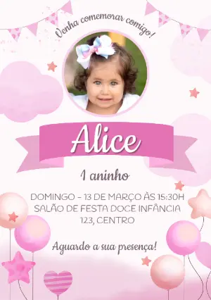 Convite Aniversário Balão Aquarela com Foto para Editar Online