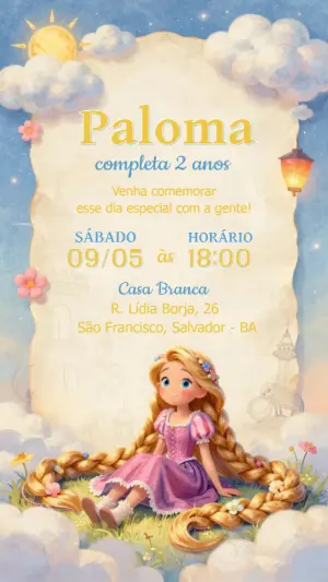 Convite de Aniversário Rapunzel Estilo Sonhador Editável