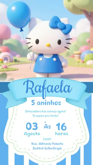 Convite de Aniversário Hello Kitty Azul Modelo Editável