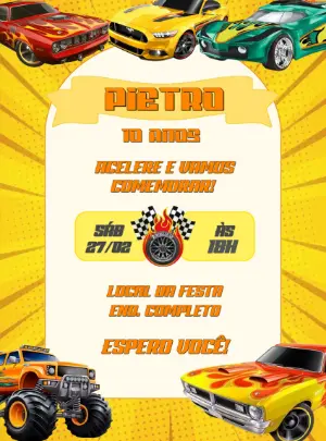 Convite de Aniversário Carros de Corrida para Editar Online